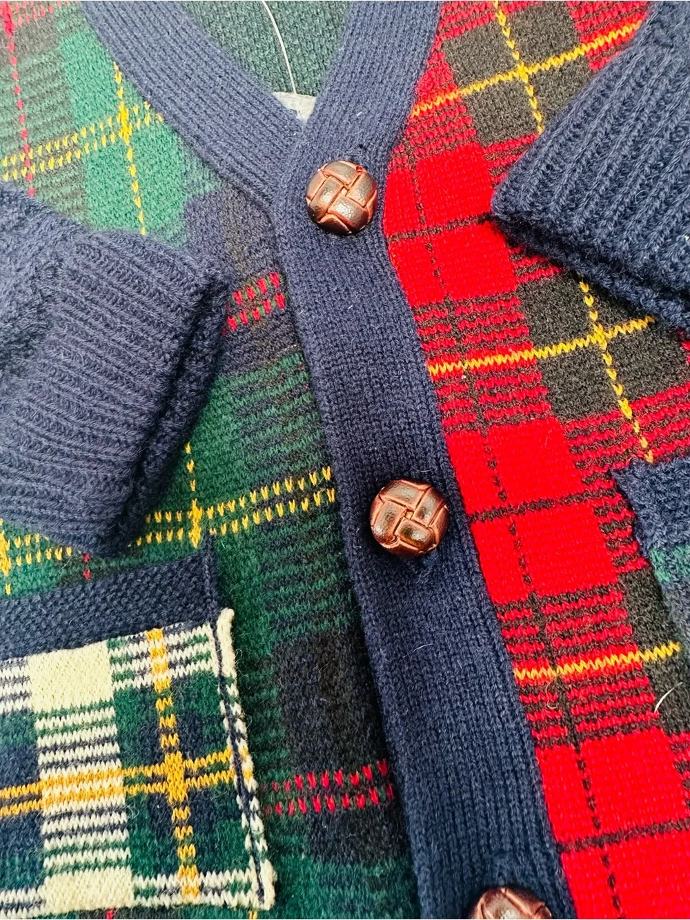 Ralph Lauren Navy, Red & Green Plaid Cardigan with Elbow Patches